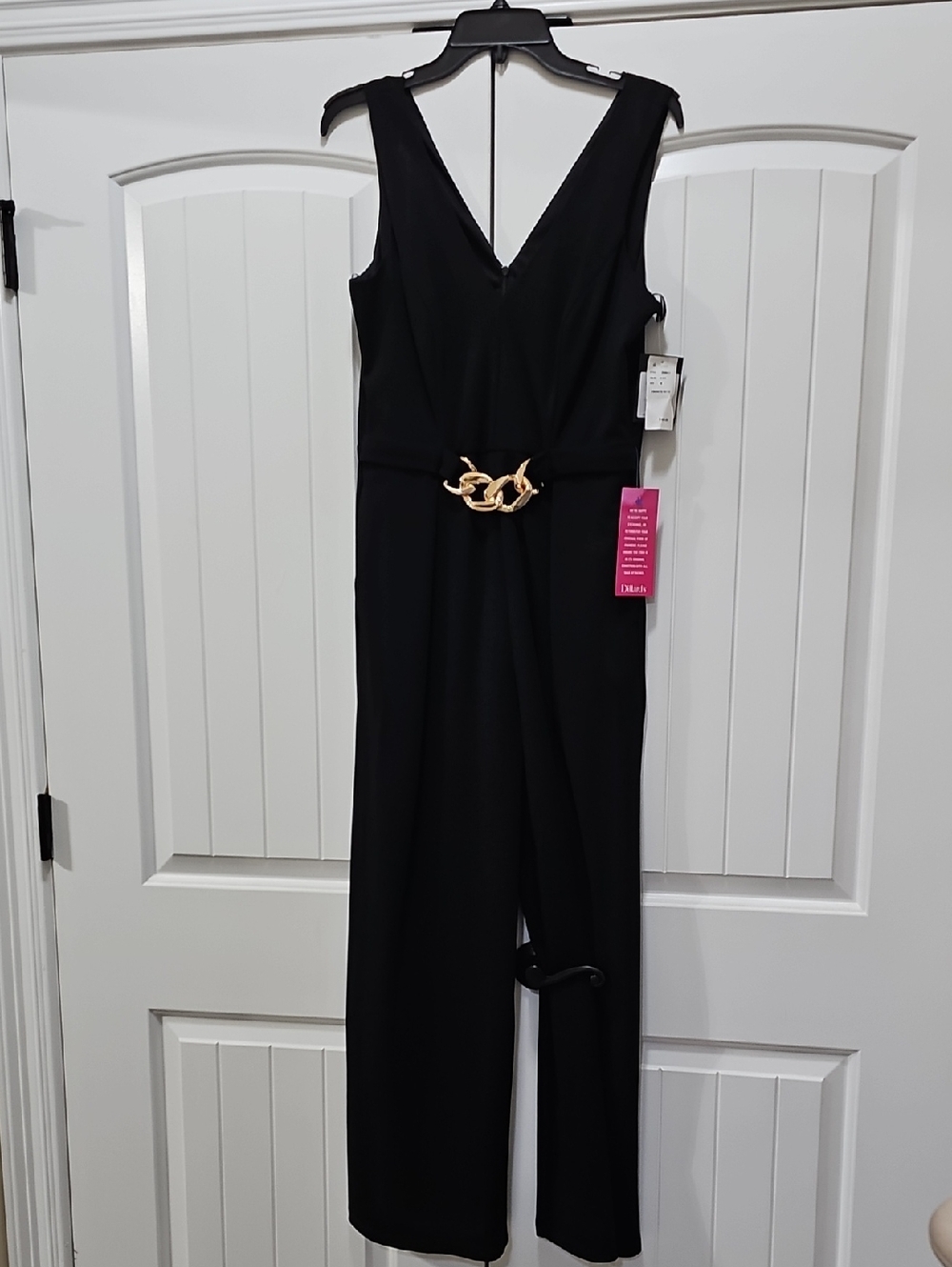 MARINA Black Sleeveless V-Neck Jumpsuit with Gold Chain Belt